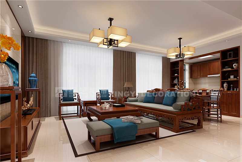 萬達茂125平中式風(fēng)格客廳裝修效果圖