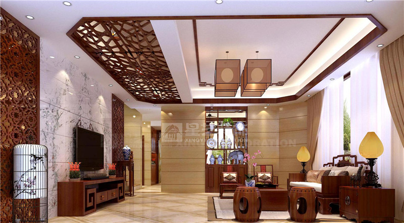 濱江麗景450平中式風格客廳裝修效果圖