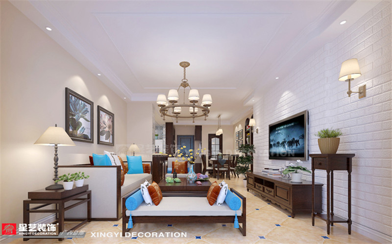 綠地中央廣場(chǎng)美式風(fēng)格128平客廳裝修效果圖